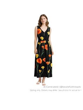 Vintage Floral Rayon Maxi Dress Arvanti Button Front Tie Waist XL/L